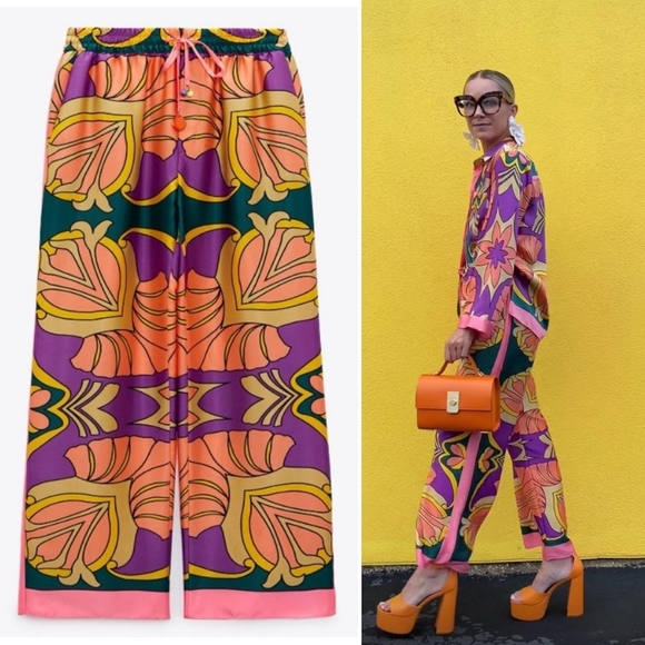 Zara Pants - ZARA ✨BLOGGERS FAV Colorful Printed Satin Pajama Style Pant Size XS